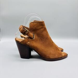 Frye Sandals Womens 8 Brown Suede Slingback Peep Toe Block Heel Dress Shoes